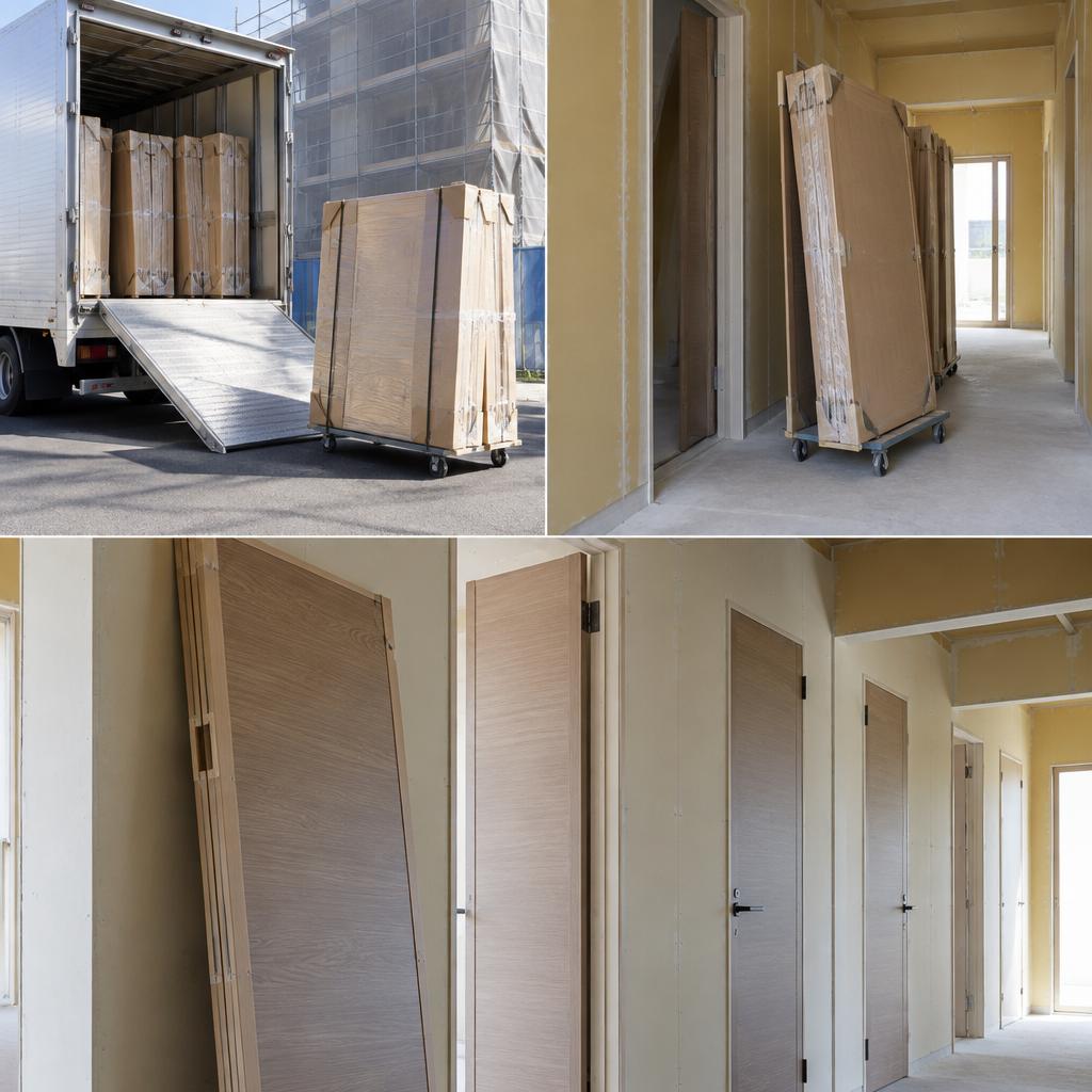 建具・室内ドアの荷揚げから搬入まで、現場に合わせてスムーズに。東海エリアの現場を支えるBAKUGEKIにお任せください！